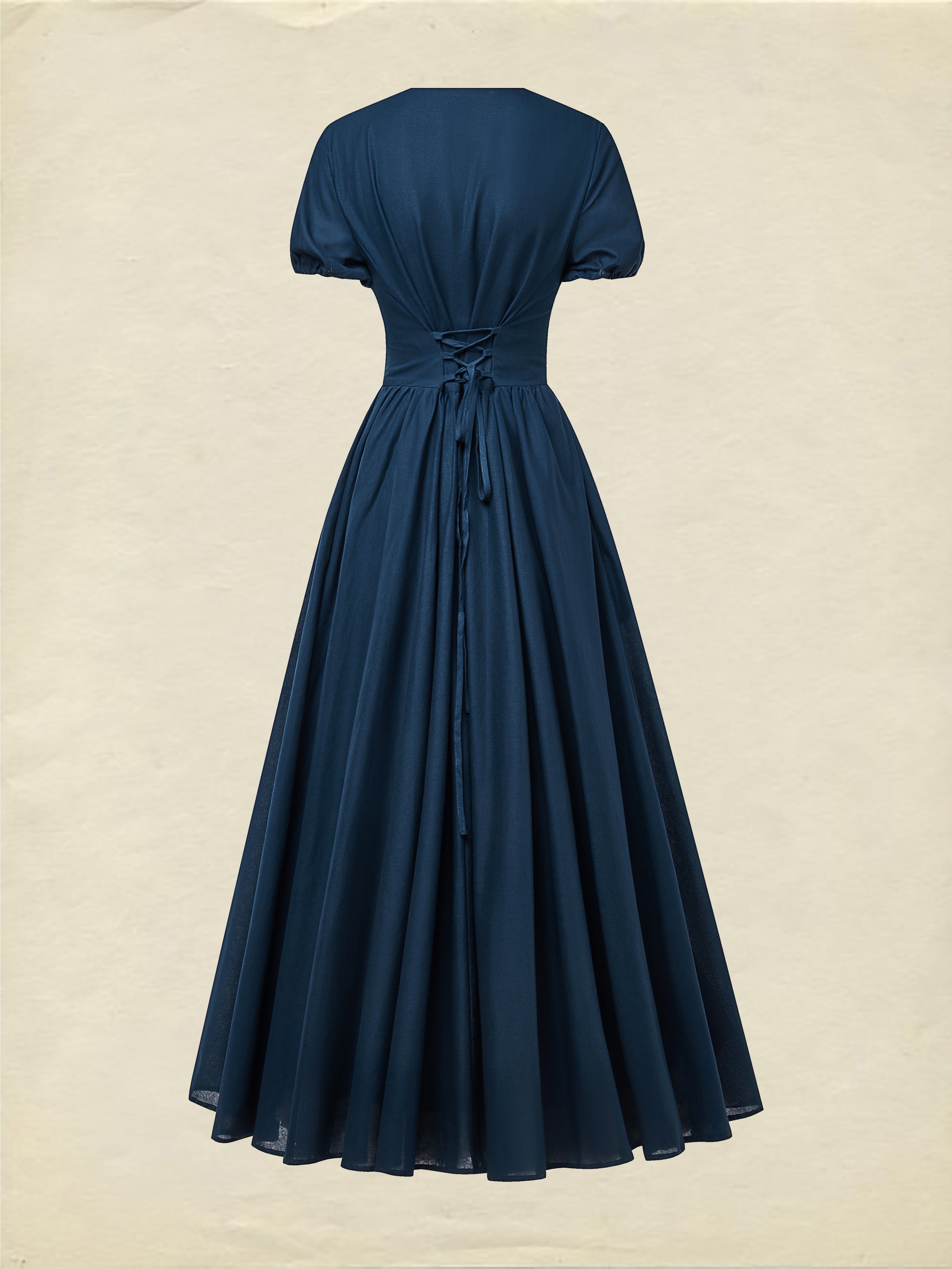 Maxi Linen Dress , Short Sleeves, V Neck, Plain, Lace, Vintage, Blue