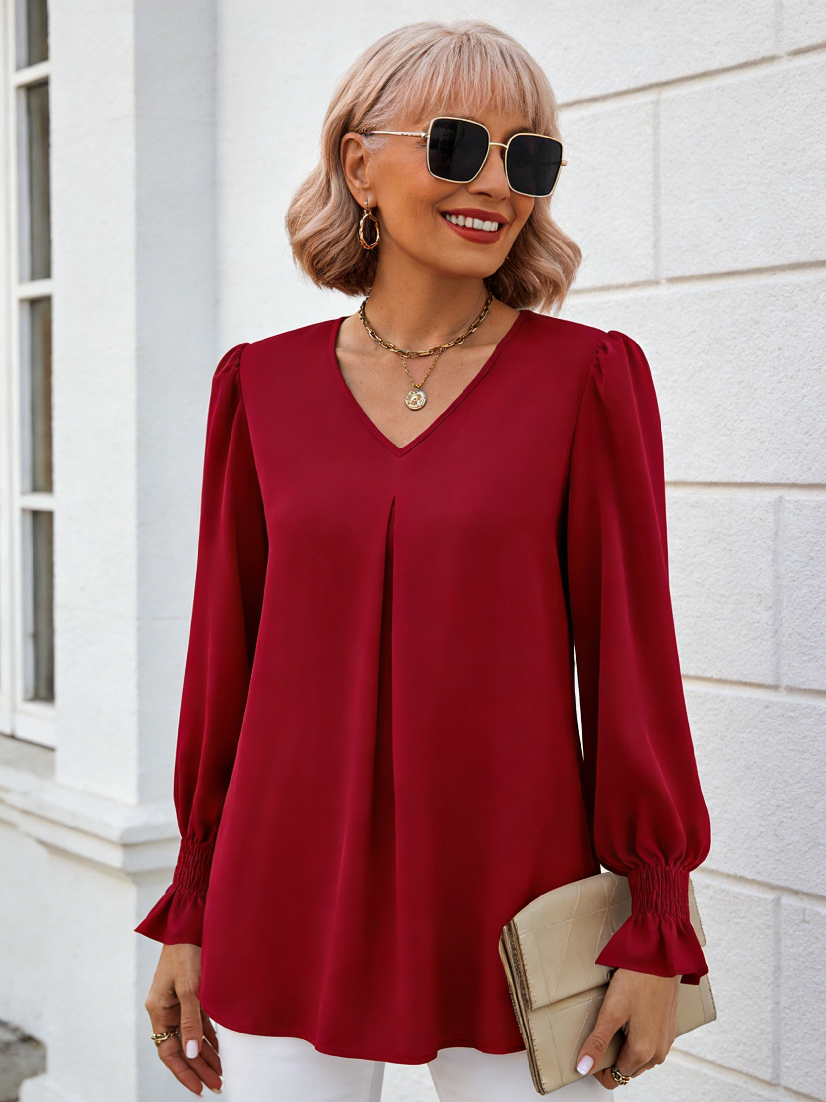 Solid Color Chiffon Shirt V-neck Pullover Horn Long-sleeved Top Shirt