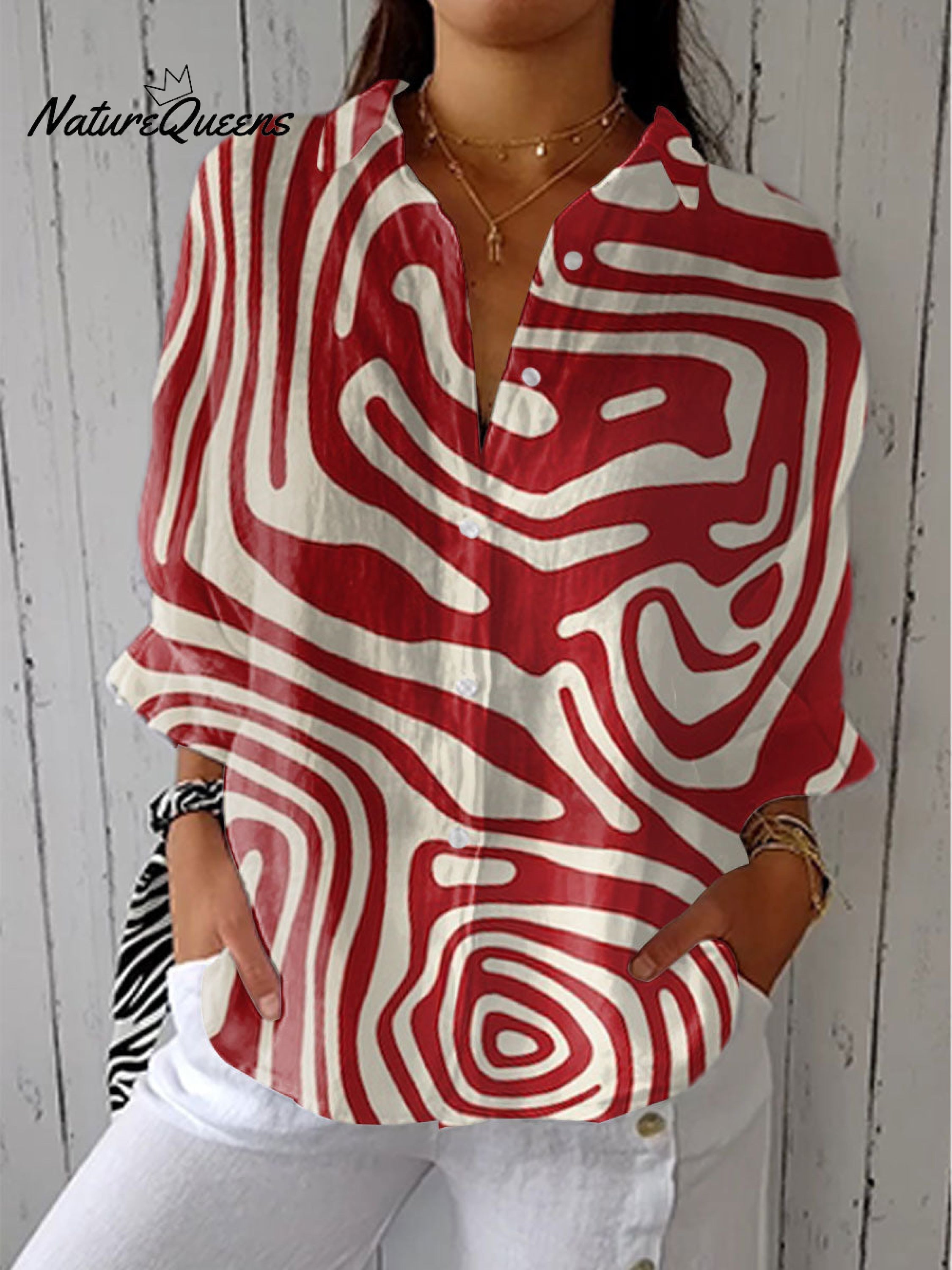 Women's  Vintage Abstract Geometric Art Print Casual Linen V-neck Shirt