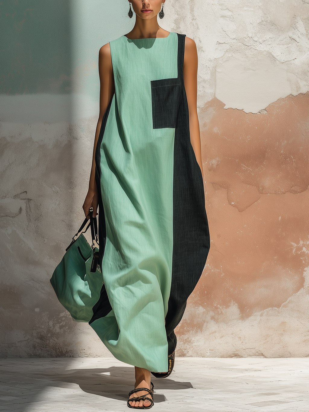 Mint Green & Black Denim Colorblock Sleeveless Maxi Dress