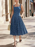 Midi Cotton Dress, Sleeveless, Square Neck, Polka Dots, Pocket Design, French Vintage, Deep Blue
