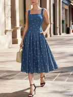 Midi Cotton Dress, Sleeveless, Square Neck, Polka Dots, Pocket Design, French Vintage, Deep Blue
