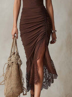 Bohemian Lace Trim Ruched Midi Dress