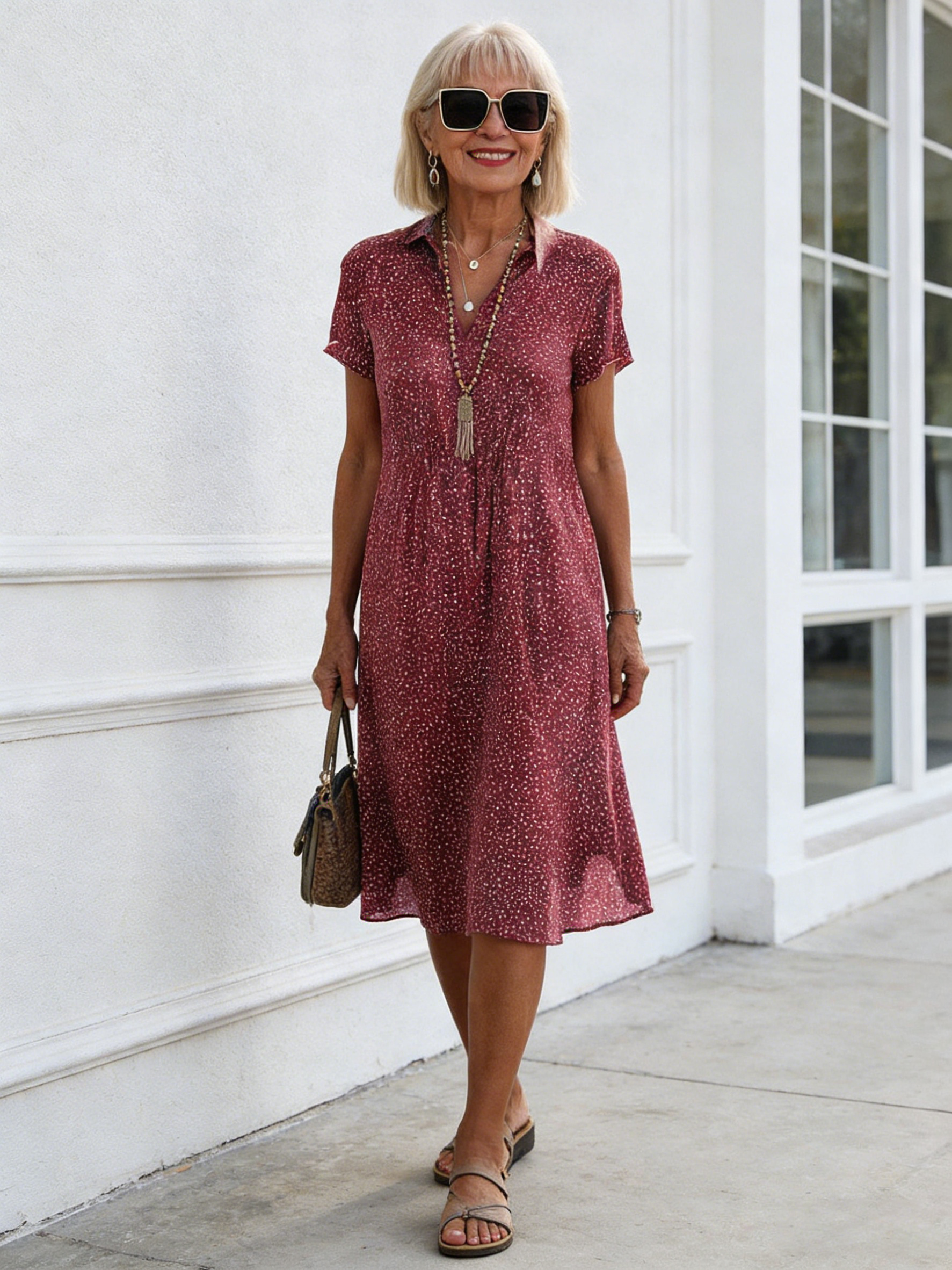 Women Polka Dots Shirt Collar Short Sleeve Comfy Casual Midi Dress