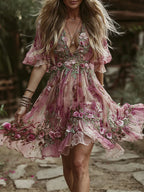 Women's Vintage Rose Floral Embroidery Casual Short Sleeve Dress