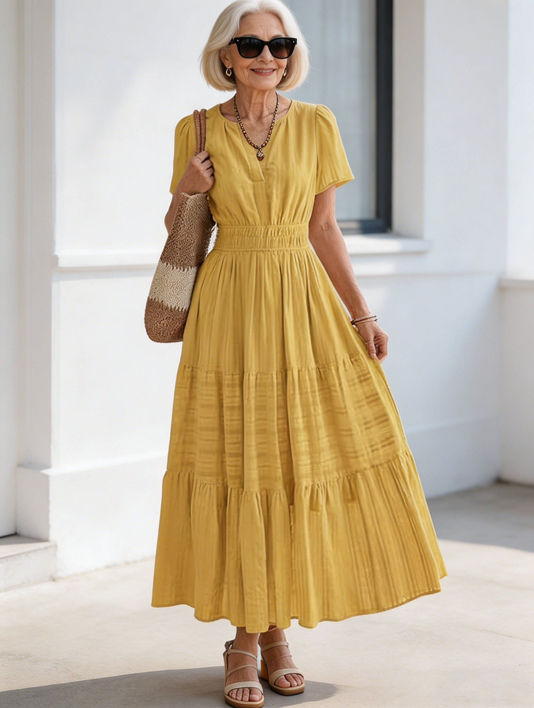 Cotton Fashion V-neck Pleated Bubble Sleeves Layered Pendulum Dress Women