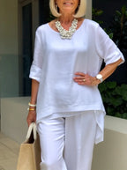 Double-layered Solid Color Cotton and Linen Two-piece Loose Casual Soft Shirt Pants
