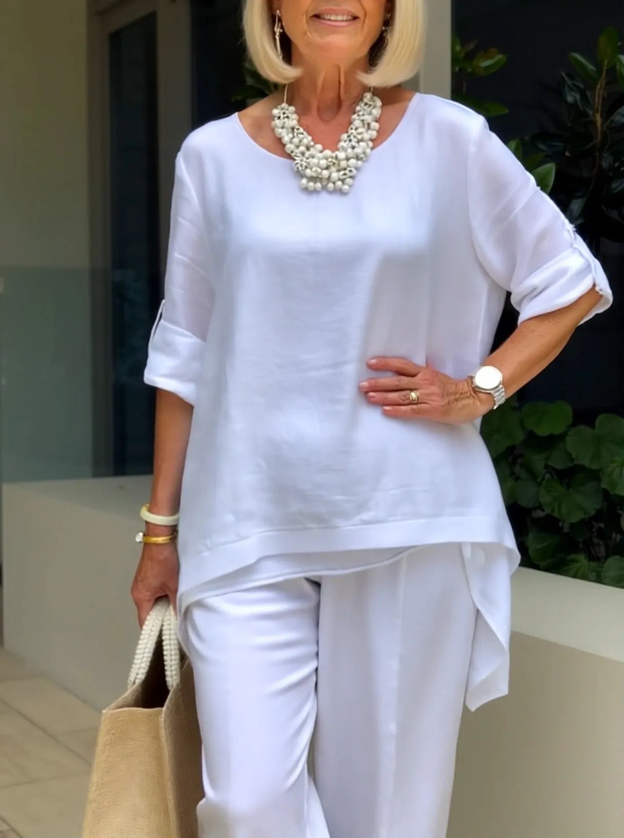 Double-layered Solid Color Cotton and Linen Two-piece Loose Casual Soft Shirt Pants