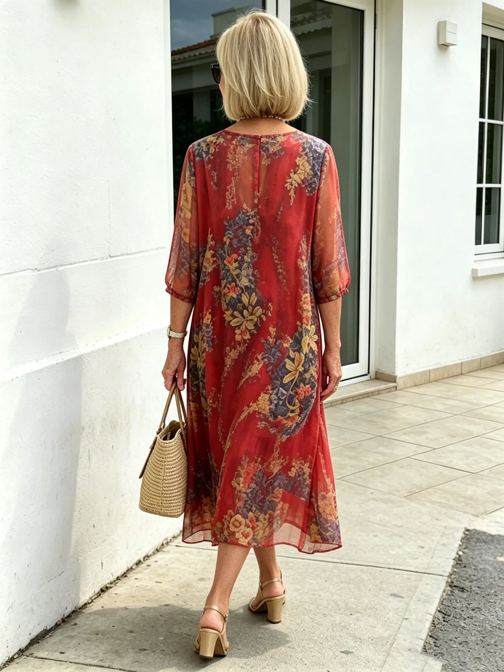 Black Floral Chiffon Midi Dress, Loose Tummy Hiding 3/4 Sleeve Printed Dress for Mature Women