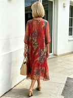 Black Floral Chiffon Midi Dress, Loose Tummy Hiding 3/4 Sleeve Printed Dress for Mature Women