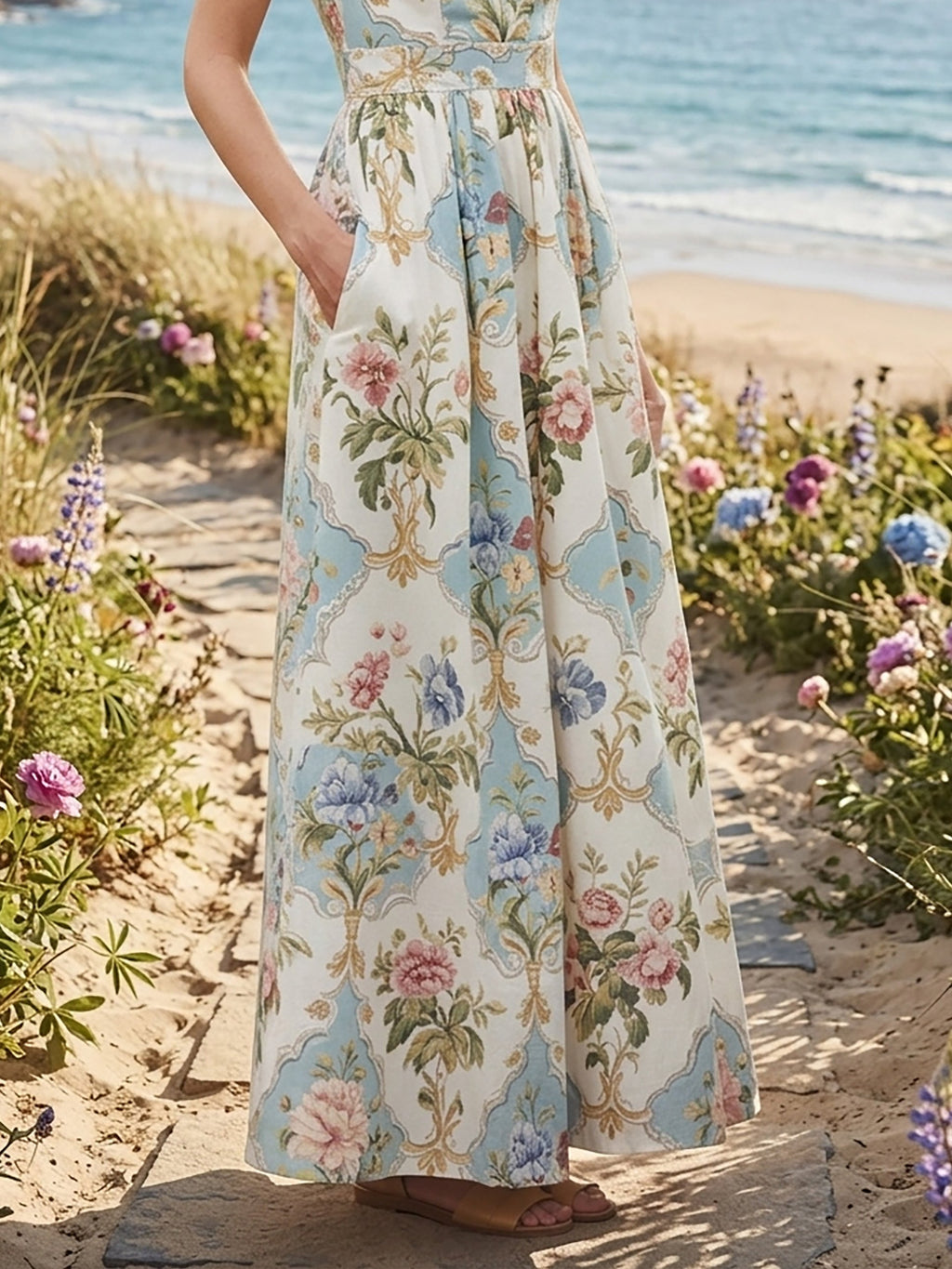 Maxi Linen Dress, Cap Sleeves, Lace Collar, Floral, Lace, Vacation, Vintage, White