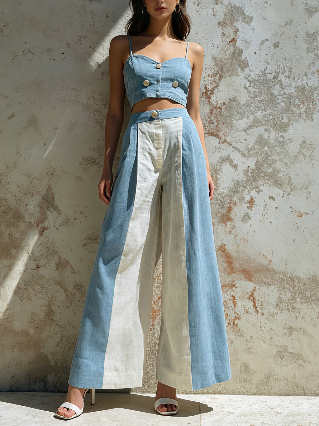 Blue & White Colorblock Linen Wide Leg Pants