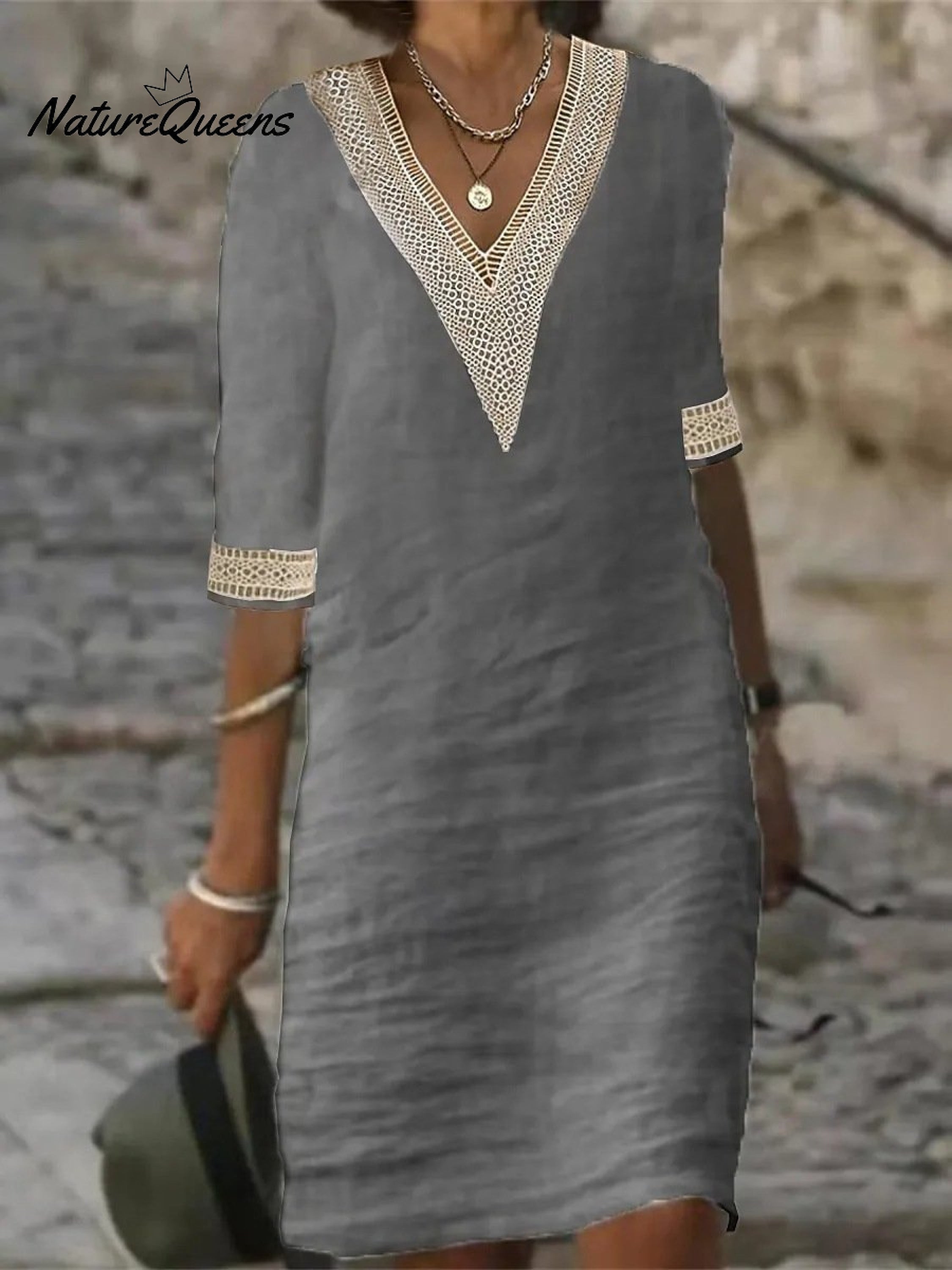 V-neck Mid-sleeved Cotton and Linen Casual Dress