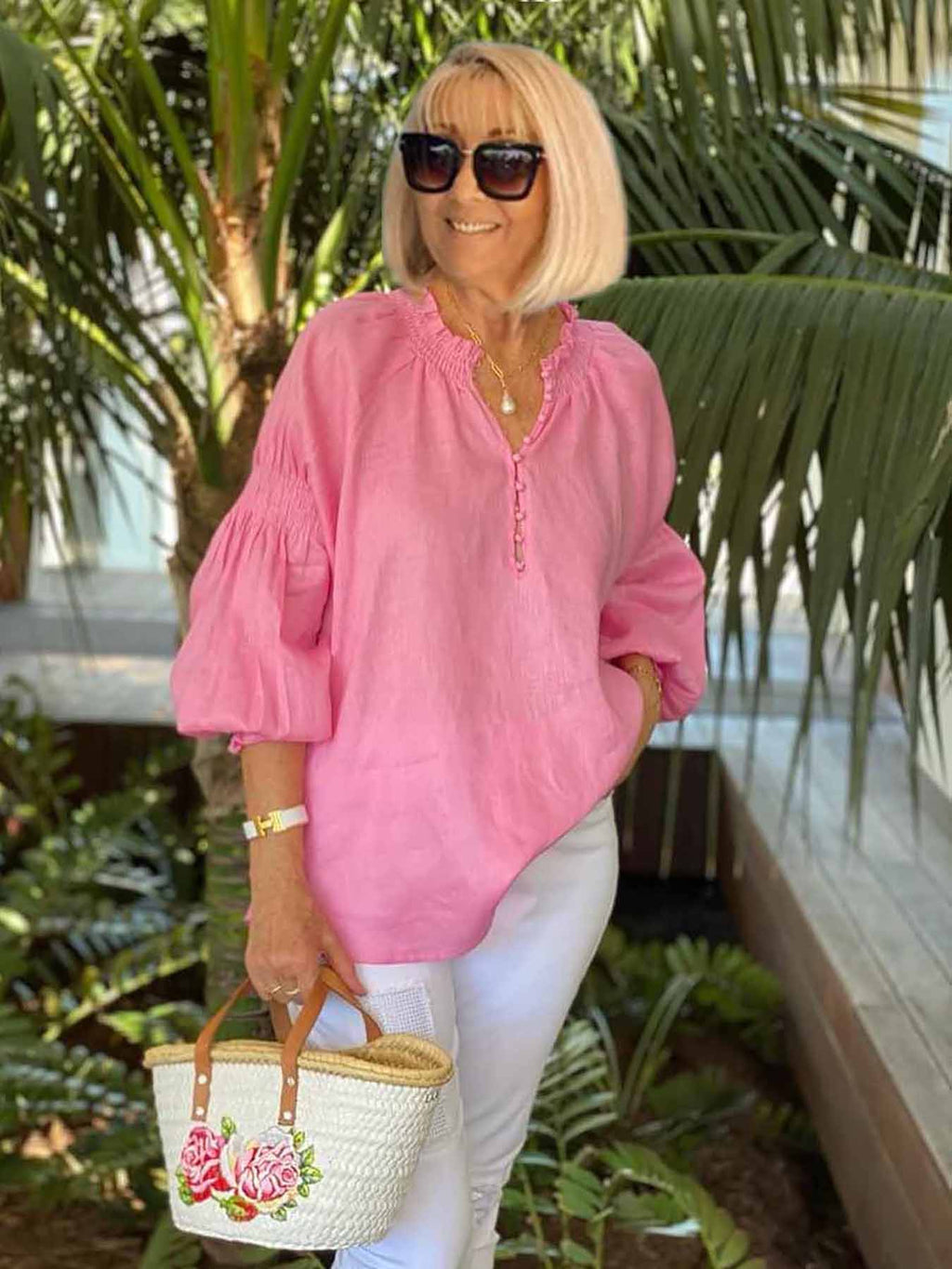 Casual V-neck Solid Color Cotton and Linen Long-sleeved Top