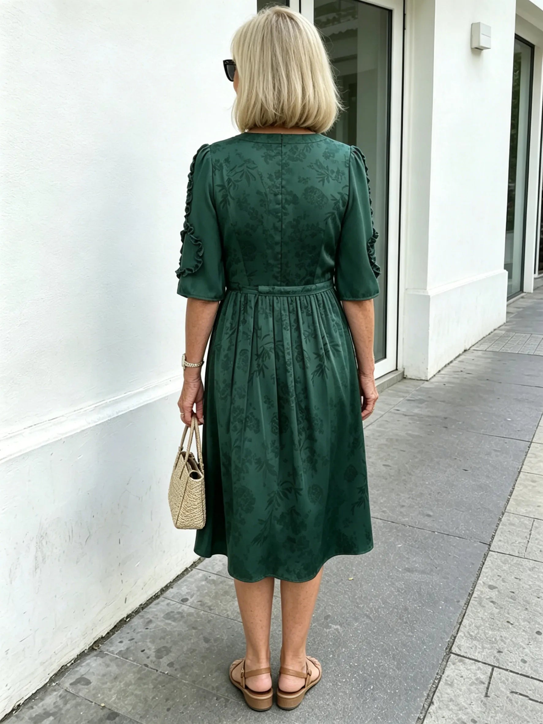 Coffee Brown Floral Print Midi Dress, Split Neck Button Front Ruffle 3/4 Sleeve Tie Waist Slimming Dress for Mature Women