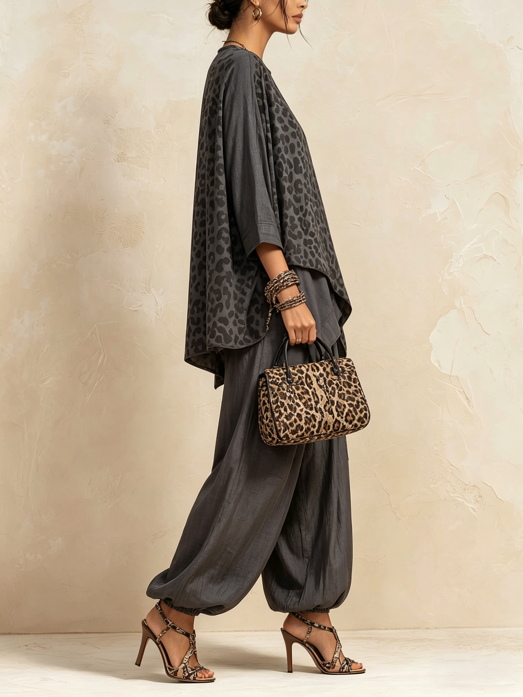 Dark Grey Leopard Print Asymmetric Linen-Blend Co-ord Set