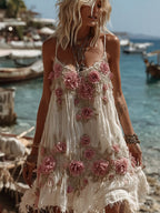 Women's Vintage Floral Embroidery Art Comfy Linen Mini Dress