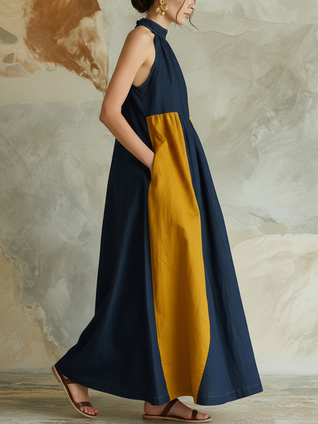 Halter Neck Color Block Denim Maxi Dress