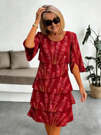 Lavender Chiffon Vacation Prints Color Round Neck Cake Skirt Splicing Dress Mid-length