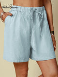 Cotton And Linen Solid Colour Casual Elastic Waist Tie Style Shorts