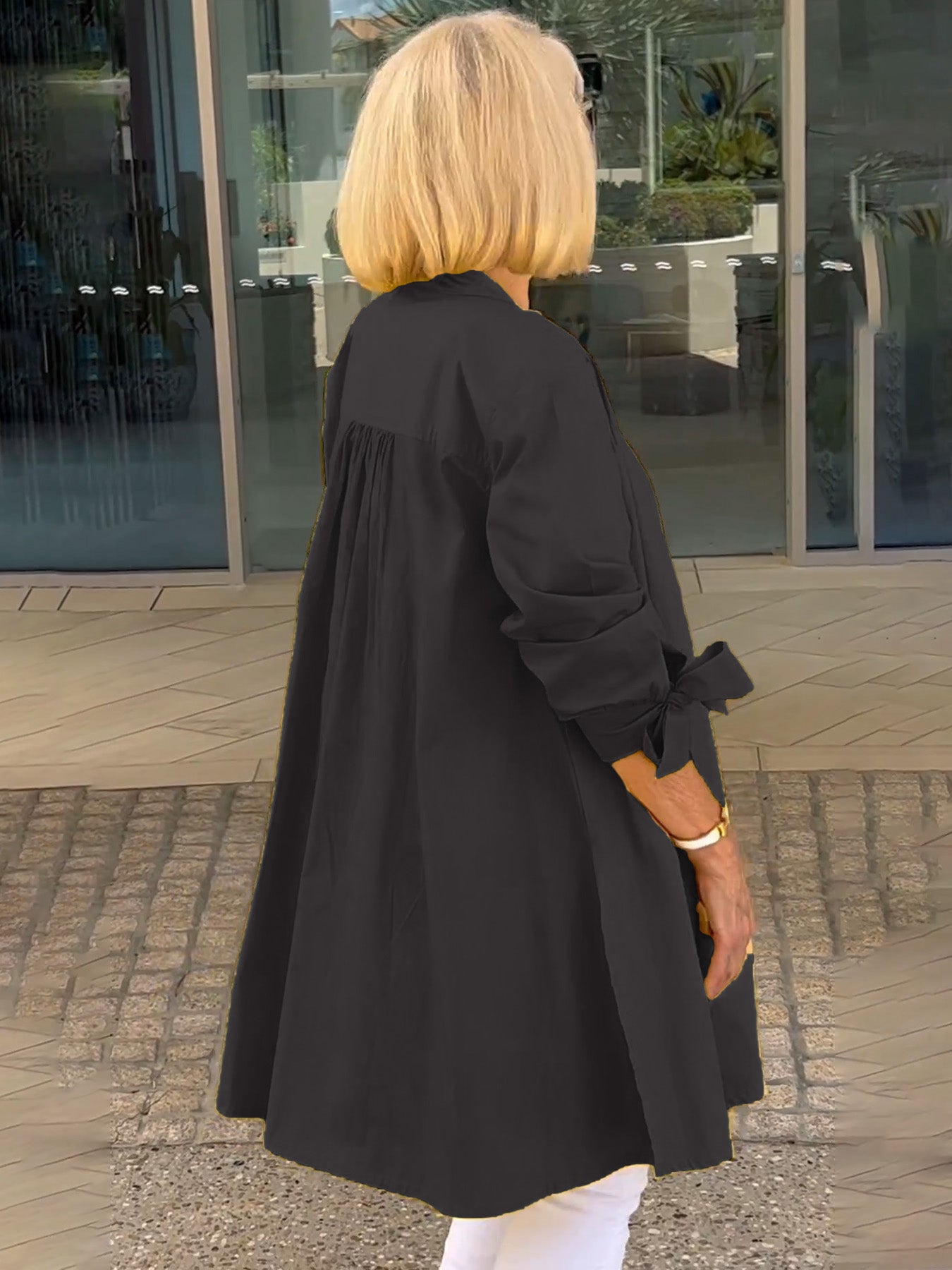Solid Color Long Cotton Shirt Jackets Women Swing Jacket Shap Flattering Gathered Yolk At The Back