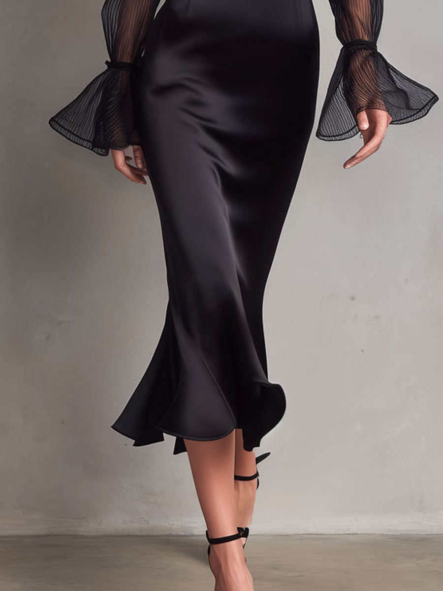 Elegant Black Satin Midi Evening Dress With Sheer Pleated Bell Sleeve