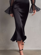 Elegant Black Satin Midi Evening Dress With Sheer Pleated Bell Sleeve