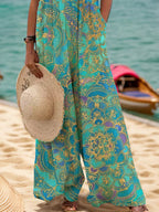 Ursime Swimwear Retro Ethnic Pattern Pocket Overall Jumpsuit