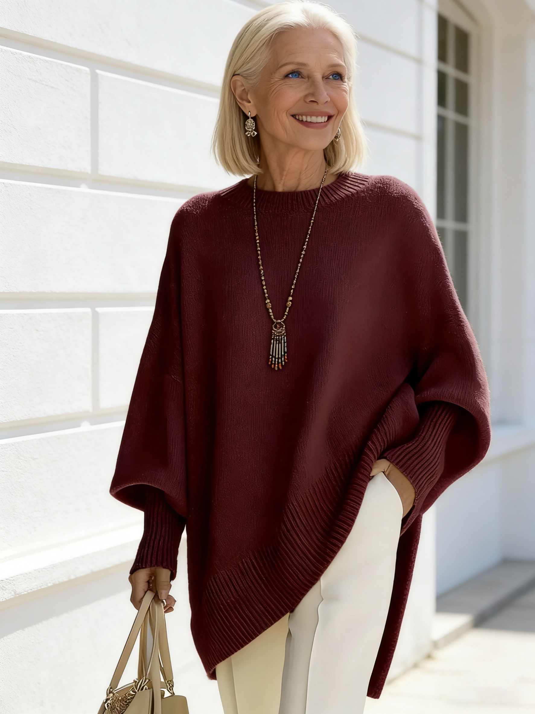Crew Neck Pullover Knitted Sweater Women's Loose Lazy Style Solid Color Women's Sweater