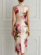 Deep V-Neck Draped Waist Floral Print Fitted Midi Dress