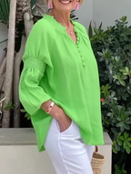 Casual V-neck Solid Color Cotton and Linen Long-sleeved Top