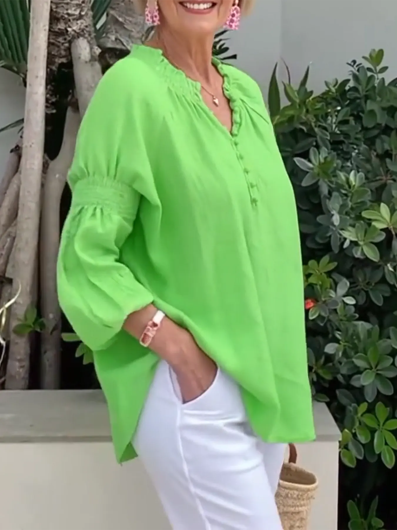 Casual V-neck Solid Color Cotton and Linen Long-sleeved Top