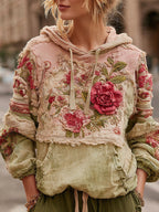 Women's Retro Floral Colorblock Casual Comfort Hooded Sweatshirt
