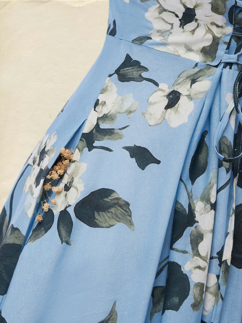 Maxi Linen Dress , Half Sleeve, Lapel Collar, Floral, Vacation, Vintage, Blue