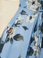 Maxi Linen Dress , Half Sleeve, Lapel Collar, Floral, Vacation, Vintage, Blue