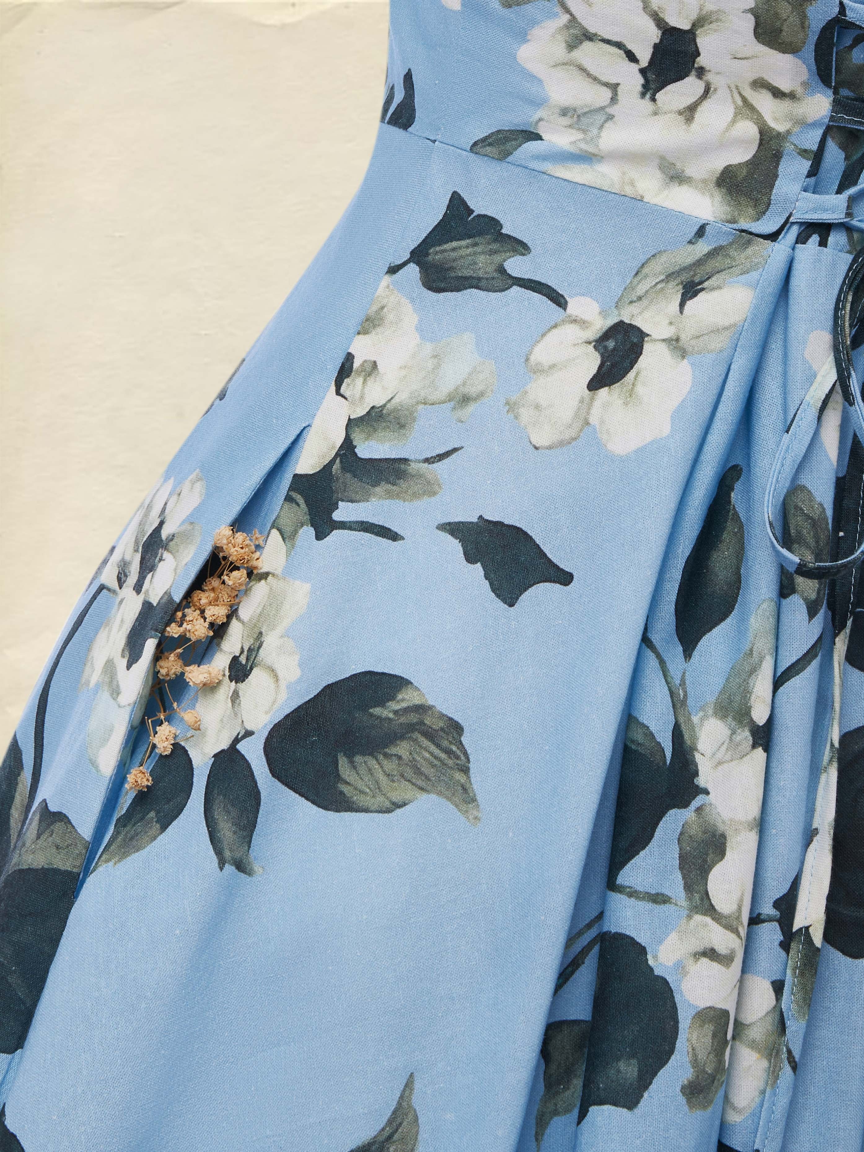 Maxi Linen Dress , Half Sleeve, Lapel Collar, Floral, Vacation, Vintage, Blue