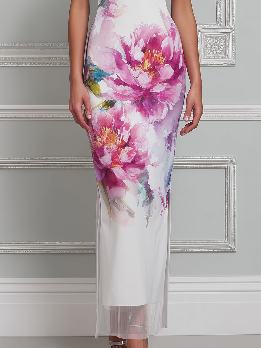 Elegant Floral Sheer Hem Maxi Dress