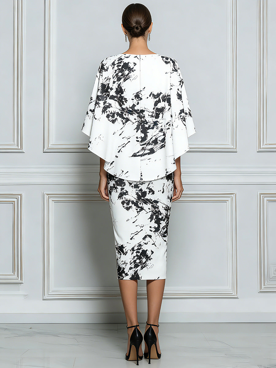 Abstract Print Sheath Dress With Detachable Capelet