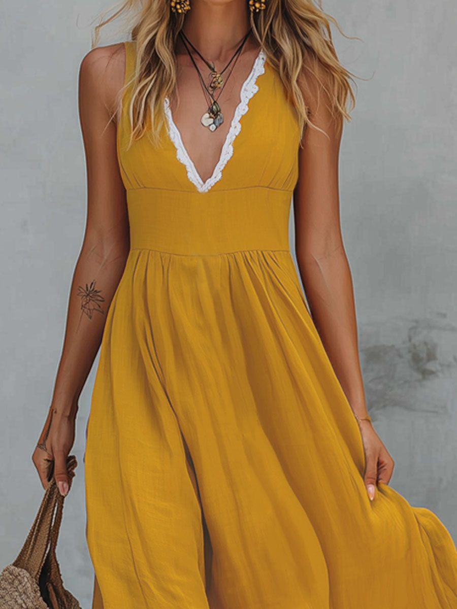 Color-blocked V-neck Lace-trimmed Cotton And Linen Sleeveless Maxi Dress