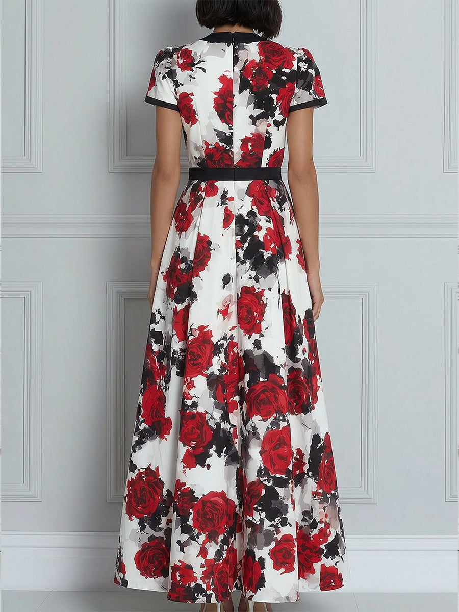 Deep V-Neck Contrast Trim Floral Print A-Line Midi Dress
