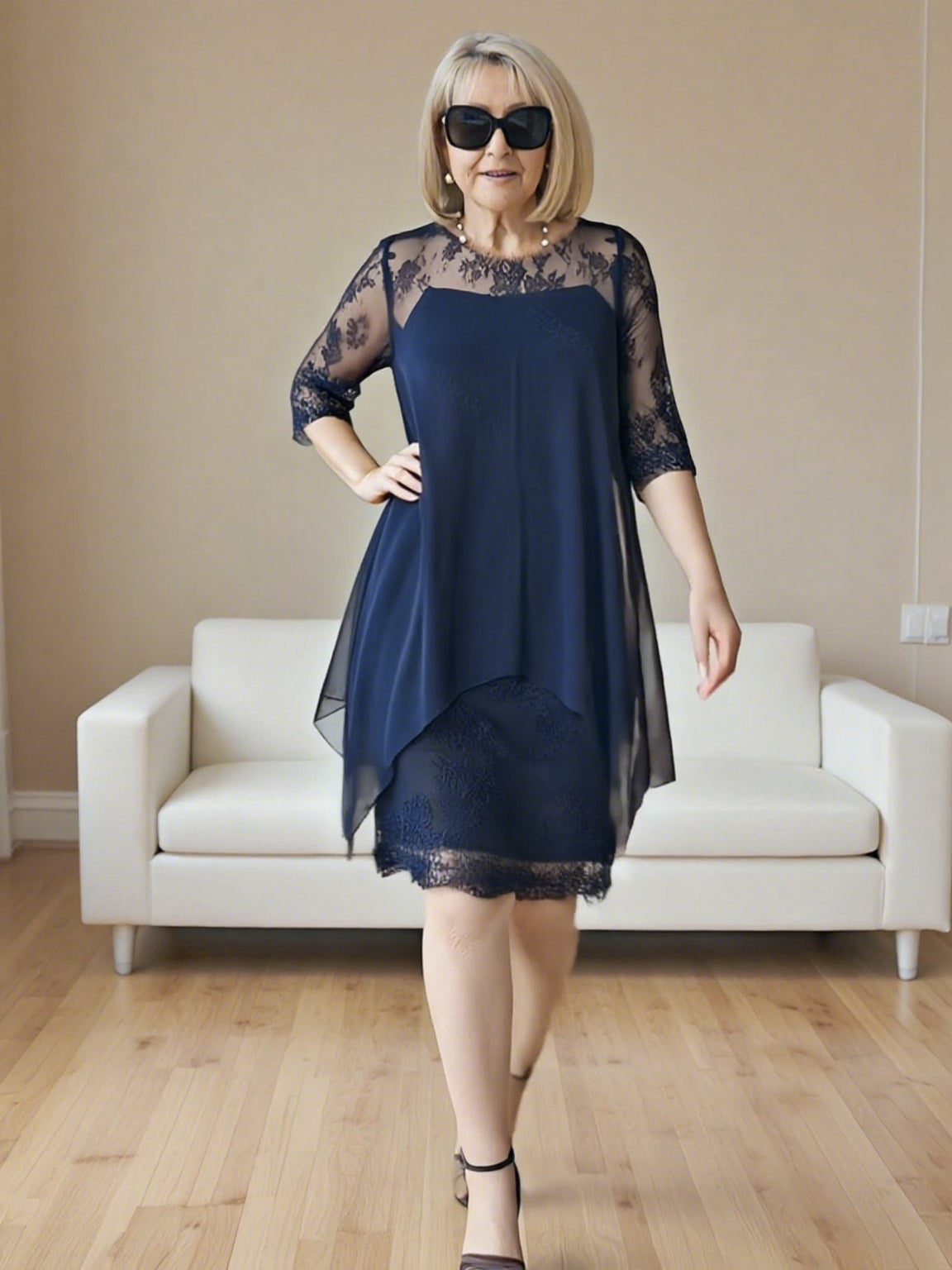 Elegant Lace Splicing Seven-quarter Sleeve Medium and Long Knee-length Chiffon