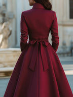 Elegant Band Collar Button-Down Midi Dress With Belt