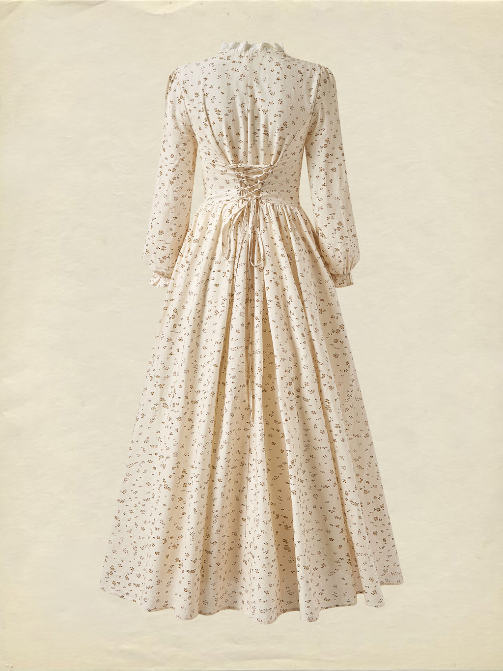 Linen Maxi Dress, Long Sleeves, V Neck, Botton Down, Floral, Apricot