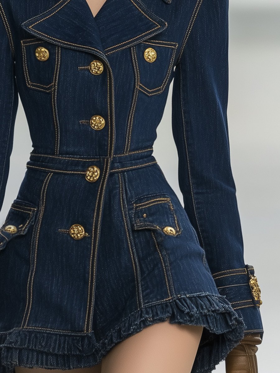 [24-hour shipping out]Classic and Playful Large Lapel Ruffled Hem Waist Denim Mini Dress