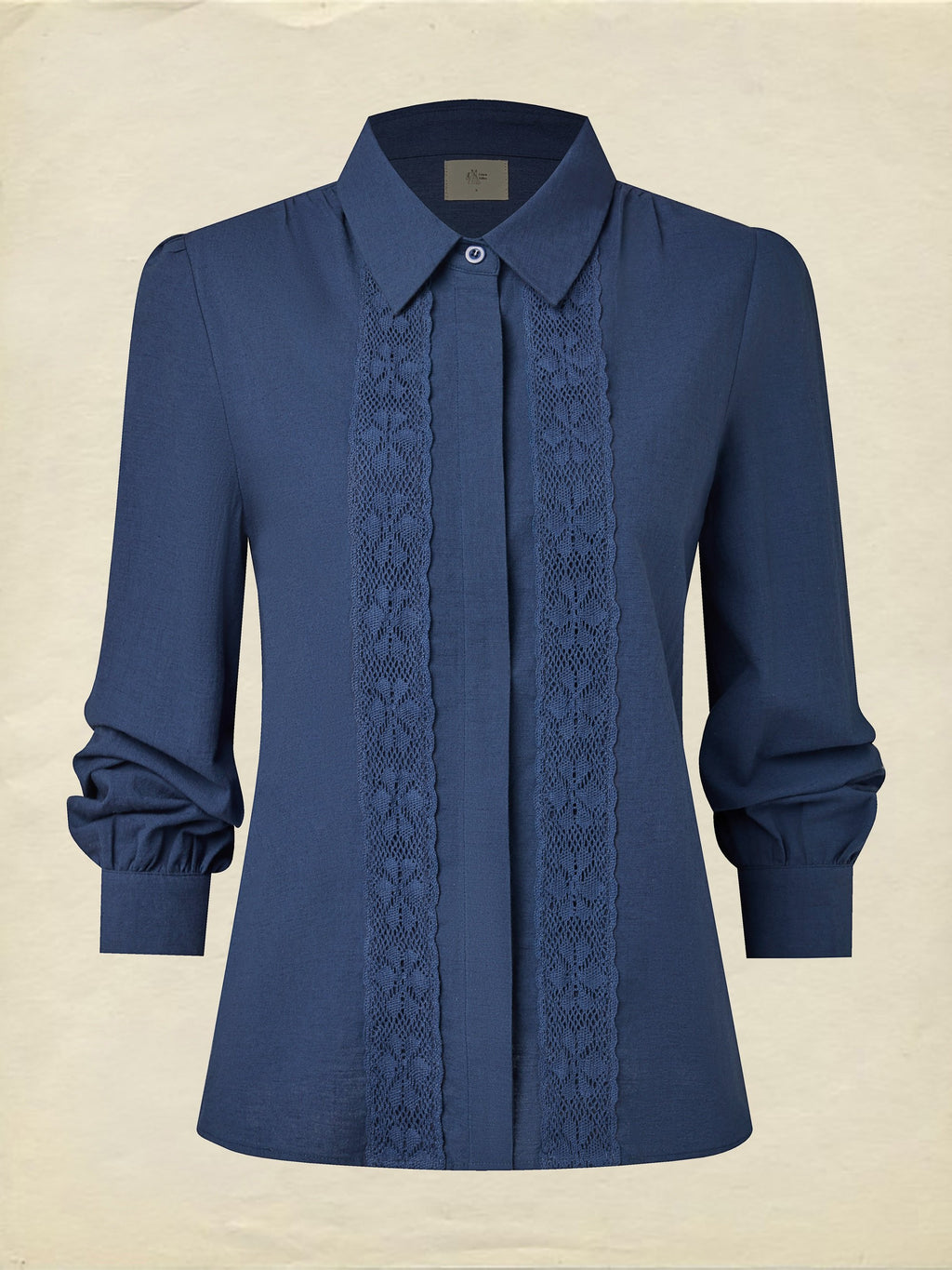 Linen Shirt, Long Sleeves, Shawl Collar, Plain, Lace, Vintage, Blue