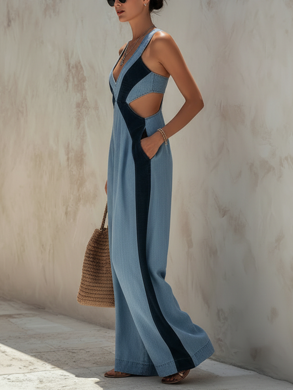 Light Blue Denim Colorblock Backless Wide Leg Jumpsuit
