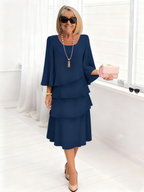 Long Dress Half Sleeve Fashion Cake Skirt Women's Temperament Loose and Thin Round Neck Dress