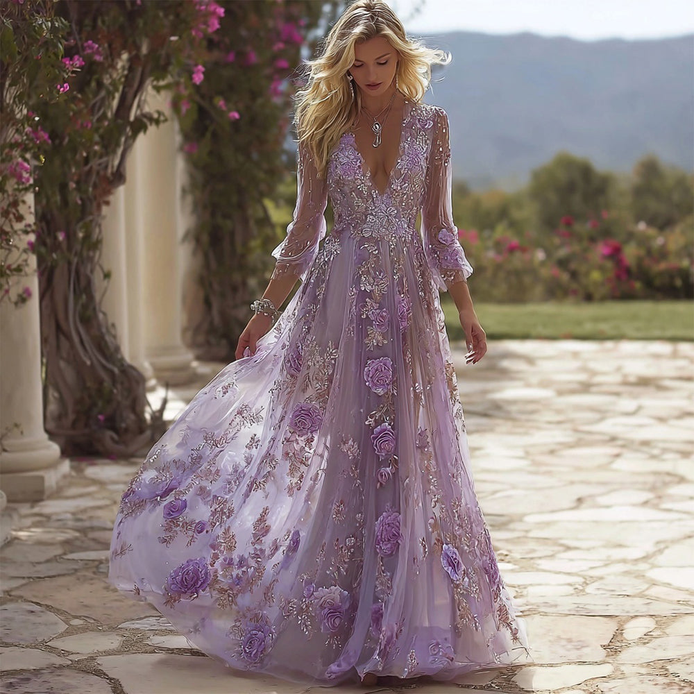 Glitter Boho Purple Roses Embroidered Flowy Maxi Dress
