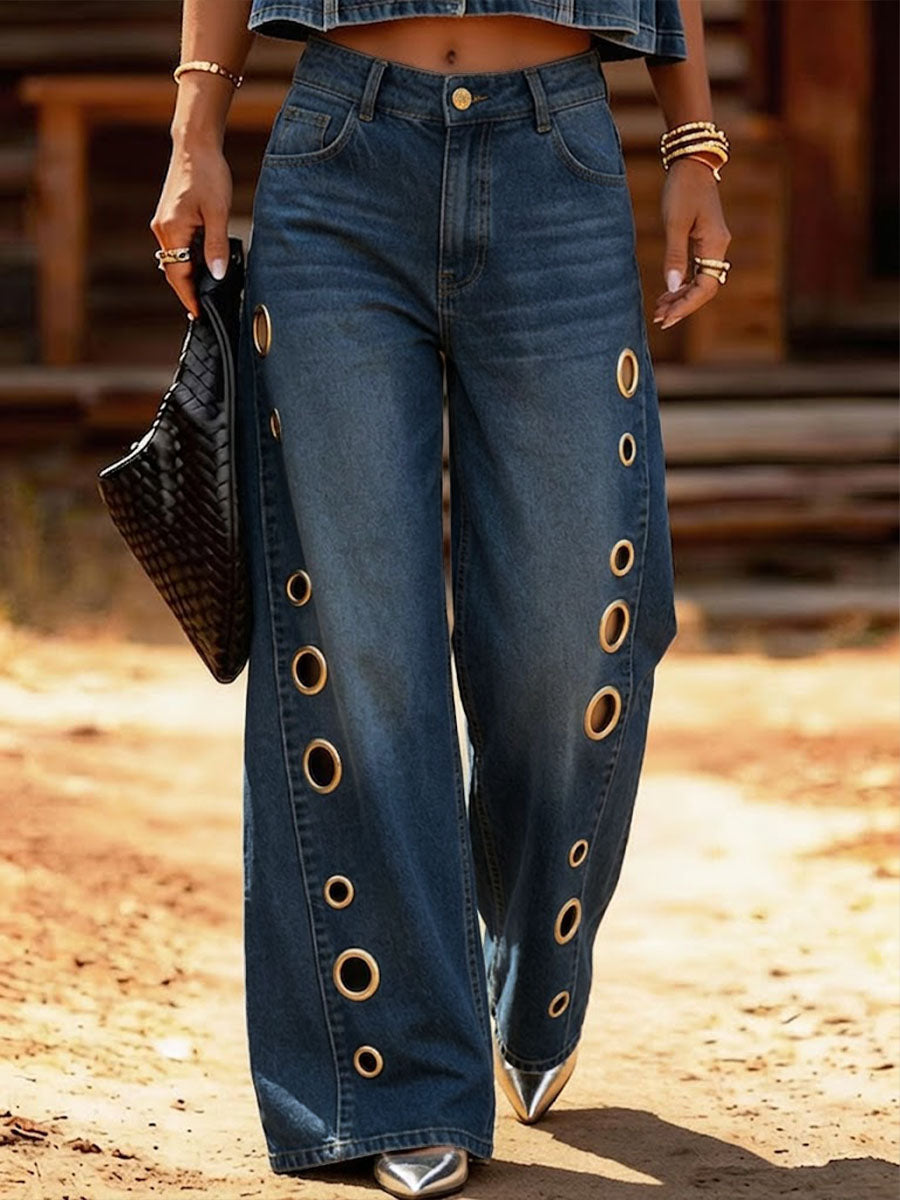 Women's High-waisted Casual Loose Wide-leg Jeans With Metal Cutout Design