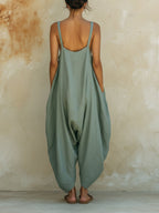 Sage Green Sleeveless Denim Jumpsuit - Loose Baggy Style With Pockets